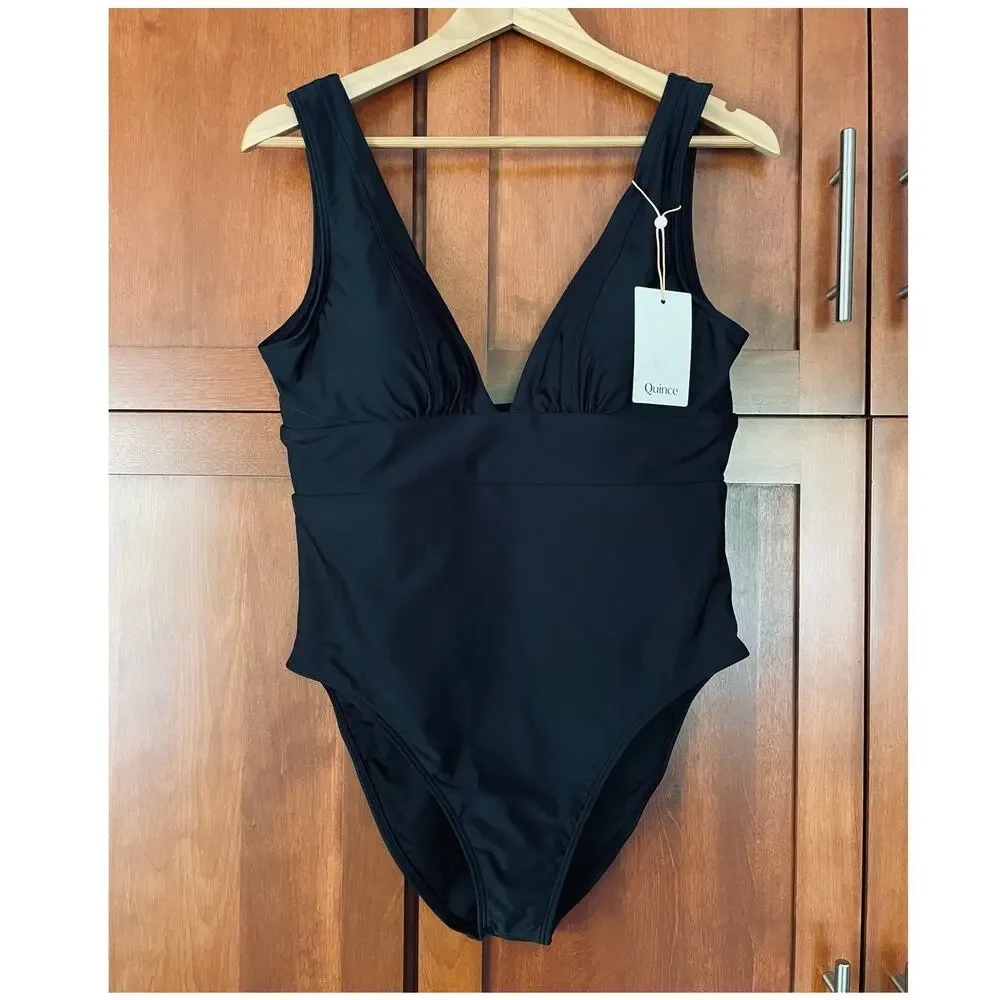 Quince Italian Plunge One-Piece Swimsuit Black Size XL NEW